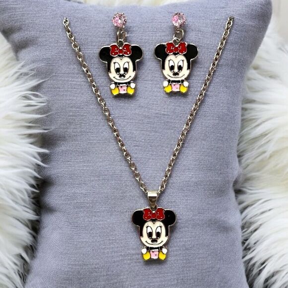 Baby Minnie Mouse Silver Tone Earrings And Necklace Set - Picture 1 of 1